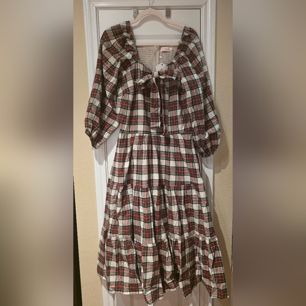 Ivy City Co. Merry Dress In Holiday Plaid Midi Dress with Bow Detail (M&L)